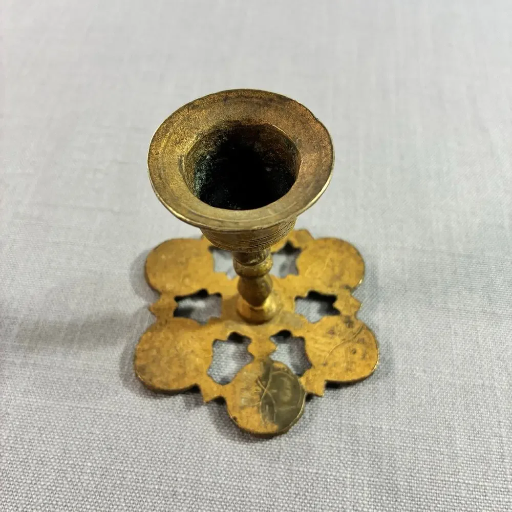 Vintage Brass Mini Chamberstick Finger Loop Candlestick Floral Base China
